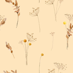 Floral pattern with flowers, background with flowers. Dried flowers pattern, field flowers, wild flowers pattern. Seamless pattern. Hand drawn detailed botanical pattern for social media, web, cards.