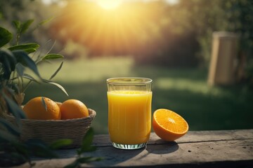 A glass of freshly squeezed orange juice in a sunny garden