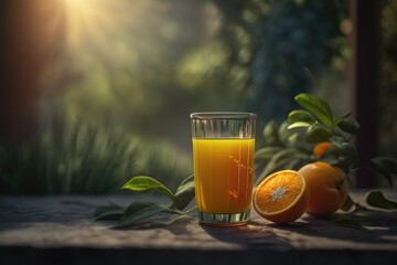 A glass of freshly squeezed orange juice in a sunny garden