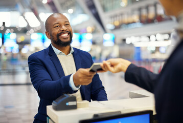 Black man, giving passport and airport for travel, security and identity for global transportation...