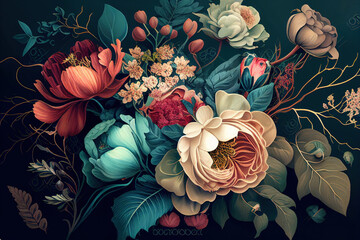 A beautiful fantasy vintage wallpaper features an assortment of botanical flower bunches, presenting a vintage motif ideal for floral print digital backgrounds