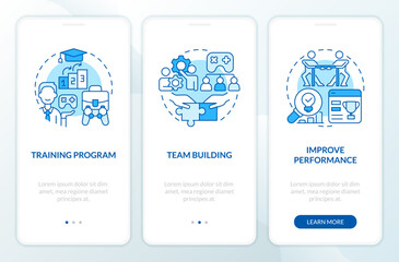 Gamification in workplace blue onboarding mobile app screen. Corporate walkthrough 3 steps editable graphic instructions with linear concepts. UI, UX, GUI template. Myriad Pro-Bold, Regular fonts used