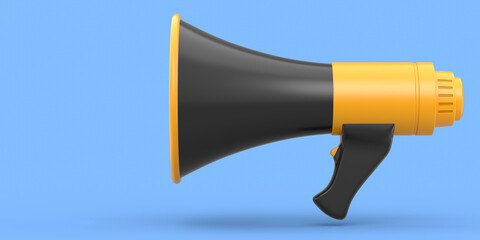 Megaphone for advertisement or hiring isolated on blue background.