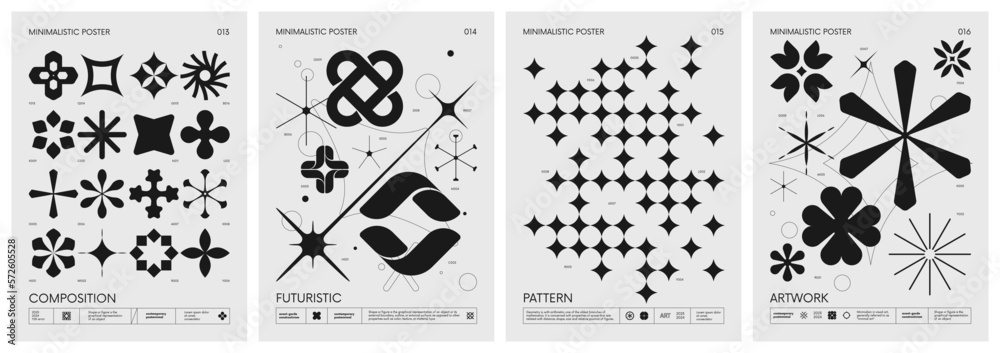 Poster retro futuristic vector minimalistic posters with silhouette basic figures, extraordinary graphic el