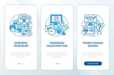 Gamification cons in e learning blue onboarding mobile app screen. Walkthrough 3 steps editable graphic instructions with linear concepts. UI, UX, GUI template. Myriad Pro-Bold, Regular fonts used