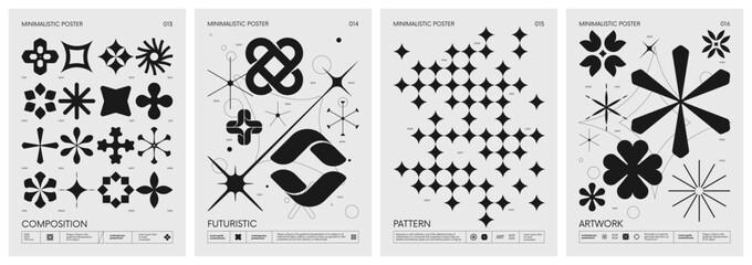 Retro futuristic vector minimalistic Posters with silhouette basic figures, extraordinary graphic elements of geometrical shapes composition, Modern monochrome print brutalism, set 4 - obrazy, fototapety, plakaty