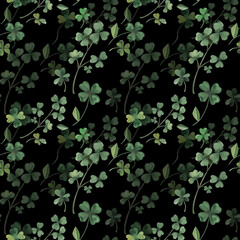 Watercolor botanical elegant art in vintage style with clover branches on black background.