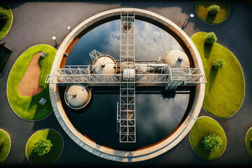 Top view of the wastewater treatment plant. - obrazy, fototapety, plakaty
