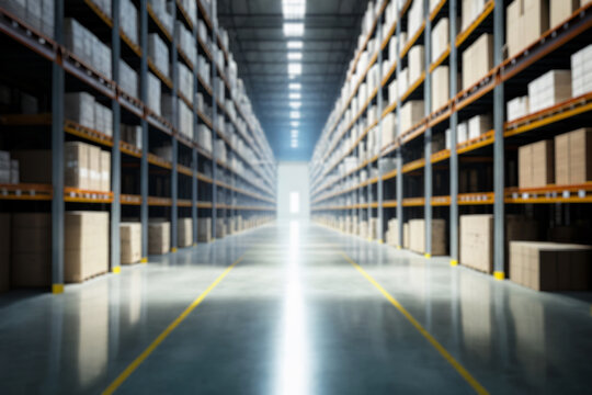 Blurred Interior of a modern warehouse with shelves and products and goods