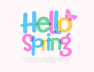 Vector playful Emblem Hello Spring. Funny Watercolor Font. Handwritten Alphabet Letters and Numbers.