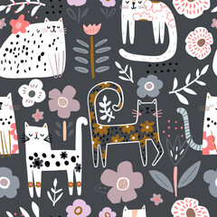 Seamless childish pattern with floral cute hand drawn cats. Creative kids hand drawn texture for fabric, wrapping, textile, wallpaper, apparel. Vector illustration - 572606142
