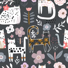 Gardinen Kinderzimmer Muster  Seamless childish pattern with floral cute hand drawn cats. Creative kids hand drawn texture for fabric, wrapping, textile, wallpaper, apparel. Vector illustration  © solodkayamari