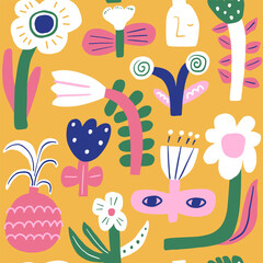 Seamless cut out style floral pattern. Simple abstract flowers. Blossom vector background great for fabric, textile