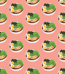  Seamless pattern with Asian cuisine dish ramen with shrimp. Template for fabric, textile, wallpaper, paper, packaging. Vector illustration