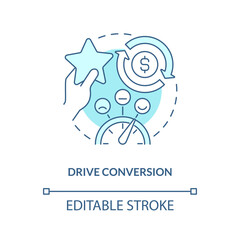 Drive conversion turquoise concept icon. Digital marketing gamification pros abstract idea thin line illustration. Isolated outline drawing. Editable stroke. Arial, Myriad Pro-Bold fonts used