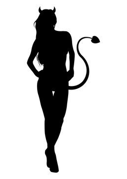 Silueta aislada de chica demonio desnuda de pie con cuernos y cola