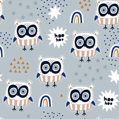 Seamless childish pattern with cute owls characters with stars and rainbows. Vector texture great for fabric textile apparel.