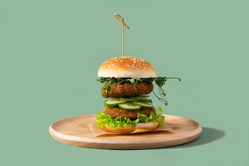 Veggie burger with lettuce and cucumber on green background