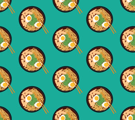 Seamless pattern with Asian cuisine dish ramen. Template for fabric, textile, wallpaper, paper, packaging. Vector illustration