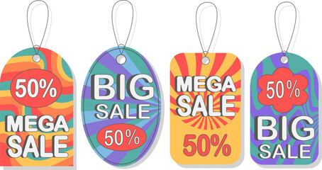 Groovy  set of price tags, label with hippie sale on bright background  style  in  60s 70s . 