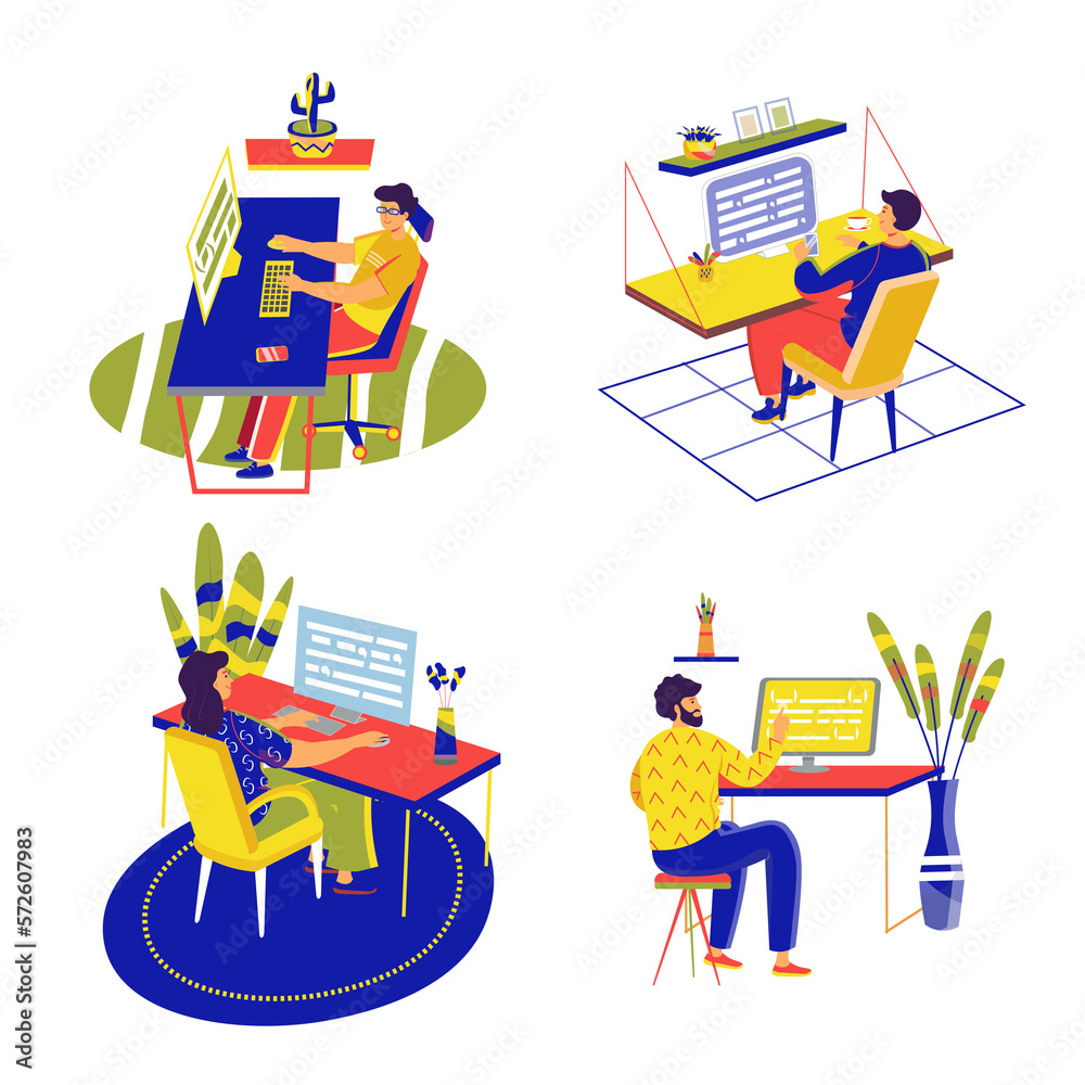 Poster programming set concept with people scene in the flat cartoon design. programmers think how to write