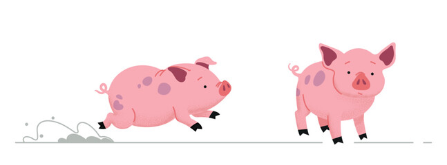 Illustration of two cute pigs. Healthy, free-range piglets living on a farm. Cute illustrations for children's books.