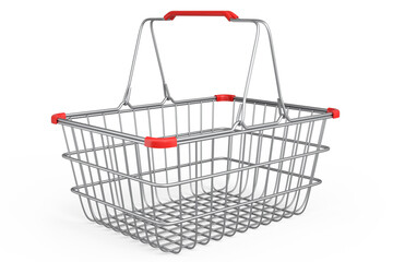 Metal wire basket from supermarket for online shopping on white background.