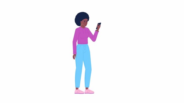 Animated woman checking phone. Scrolling smartphone constantly. Nomophobia. Flat character animation on white background with alpha channel transparency. Color cartoon style 4K video footage