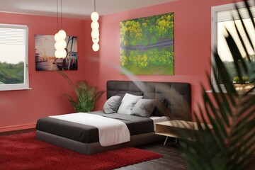 A bedroom with a large bed with red walls and two windows. Room arrangement concept. 3d rendering, 3d illustration.