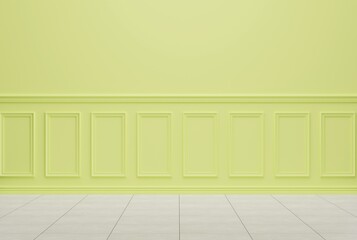 Green decorative wall, room interior. Product placement concept, beautiful empty wall with decorative pattern, panel. 3D render; 3D illustration.