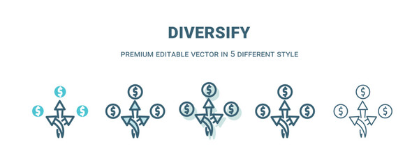 diversify icon in 5 different style. Outline, filled, two color, thin diversify icon isolated on white background. Editable vector can be used web and mobile
