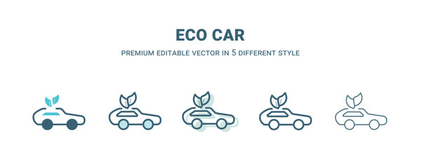 eco car icon in 5 different style. Outline, filled, two color, thin eco car icon isolated on white background. Editable vector can be used web and mobile