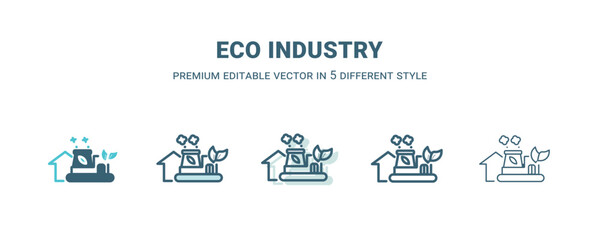 eco industry icon in 5 different style. Outline, filled, two color, thin eco industry icon isolated on white background. Editable vector can be used web and mobile