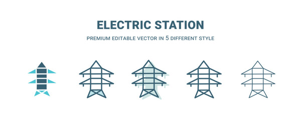 electric station icon in 5 different style. Outline, filled, two color, thin electric station icon isolated on white background. Editable vector can be used web and mobile