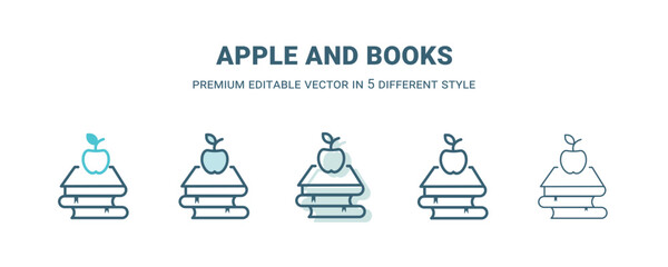 Fototapeta na wymiar apple and books icon in 5 different style. Outline, filled, two color, thin apple and books icon isolated on white background. Editable vector can be used web and mobile