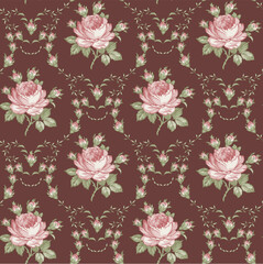 Seamless classic pattern. Beautiful pink flowers isolated textile. Vintage background realistic Damascus flowers Roses Drawing engraving Freehand Wallpaper baroque. Vector victorian style Illustration