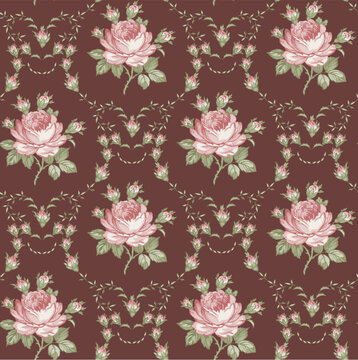 Seamless classic pattern. Beautiful pink flowers isolated textile. Vintage background realistic Damascus flowers Roses Drawing engraving Freehand Wallpaper baroque. Vector victorian style Illustration