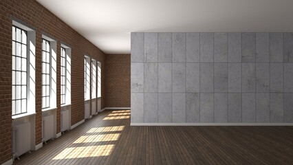 Light interior in loft style. Empty interior without furniture. Brick walls and wooden floor in the interior. 3d render illustration mock up.