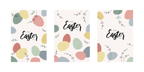 Easter egg greeting card collection. Vector modern flat illustration set. Vertical banner template. Pastel colorful eggs. Design for happy easter day holiday, poster layout.