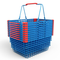 Stavk of metal wire basket from supermarket for online shopping on white.