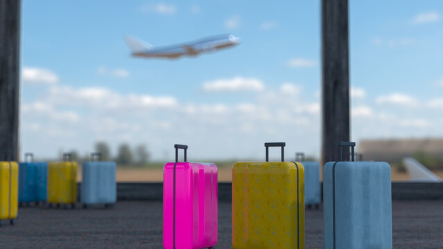 Suitcases in airport. Travel concept. 3d rendering