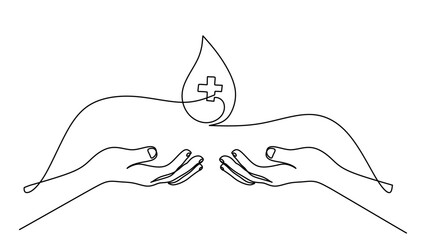 One continuous single line drawing of hand give blood isolated on white background minimalism design.
