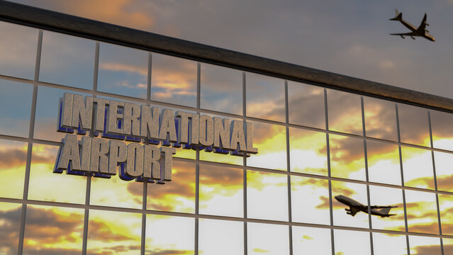 Airport. Travel concept. The plane takes off in the reflection of the airport building. 3d rendering