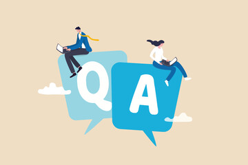 Q and A, question and answers, FAQ frequently asked question, information or solution to solve problem, resolution or advice concept, business people working on dialog with question and answer.