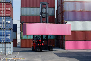 forklift truck Container boxes in a logistics yard with a stack of containers in the background.
