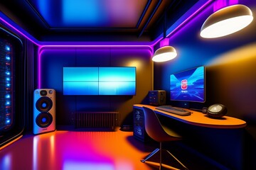 A futuristic gaming Hacker studio Wallpaper 8k Cyberpunk Real Technology 