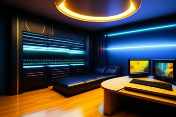 A futuristic gaming Hacker studio Wallpaper 8k Cyberpunk Real Technology 