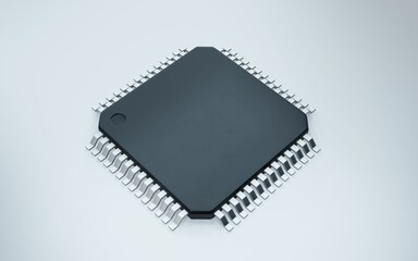  3d render of microchip or semiconductor chip, for computing.
