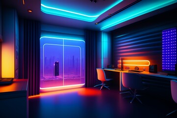 A futuristic gaming Hacker studio Wallpaper 8k Cyberpunk Real Technology 