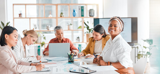 Happy black woman, leadership or business in meeting for teamwork, diversity or research with smile. Manager, employee leader or girl worker portrait with success, motivation or planning mission goal